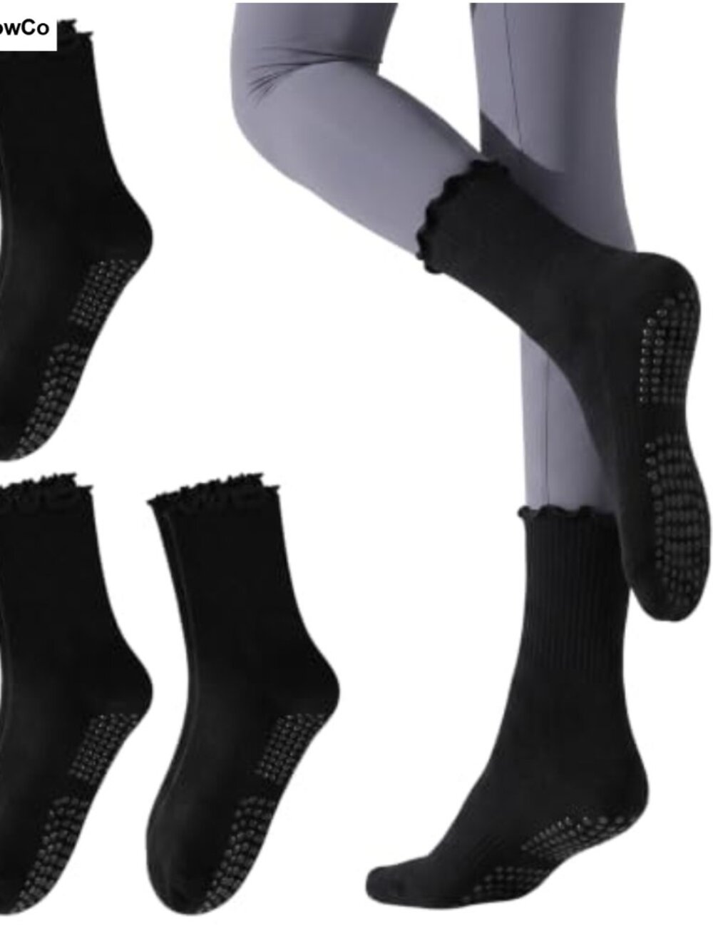 Non Slip Grip Socks for Women Cotton Ruffled Cuff Crew Yoga Pilates Barre